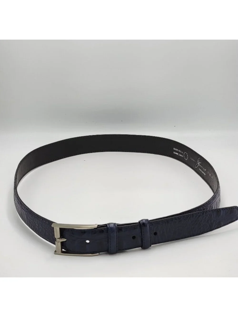 Vtg Giorgio Brutini Genuine Navy Blue Leather Belt With Embossed Texture & Silve